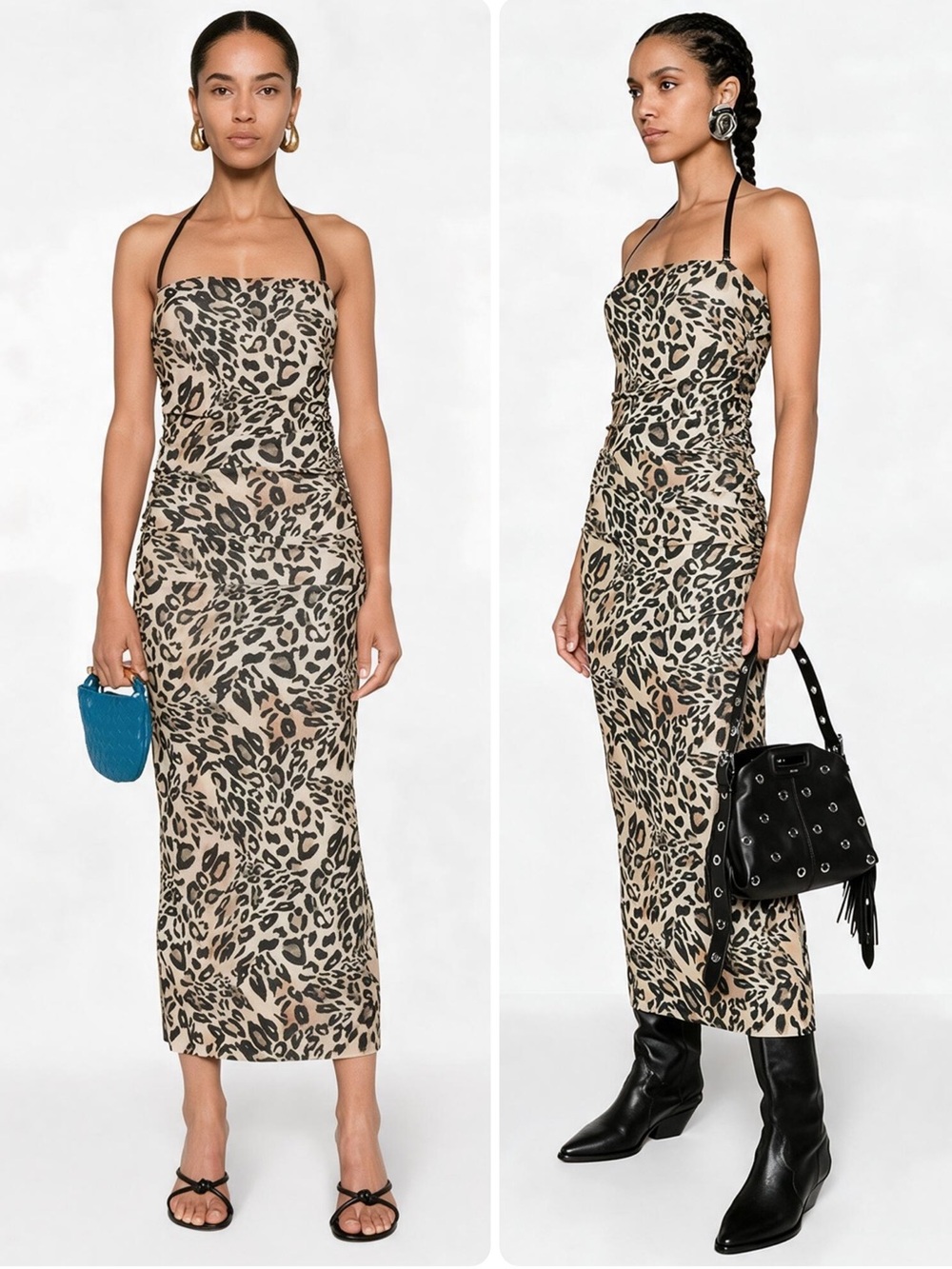 Nanushka Eliz Leopard-Print Ruched Halter Mesh Jersey Slip Midi Dress NWT $658